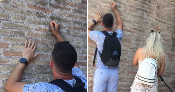 Hunt on for tourist caught on video carving names onto Colosseum wall – National