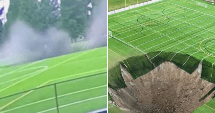 Terrifying footage shows massive sinkhole swallow Illinois soccer field – National