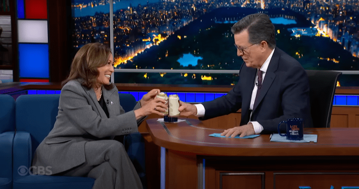 Kamala Harris calls Donald Trump ‘a loser,’ sips beer with Stephen Colbert – National